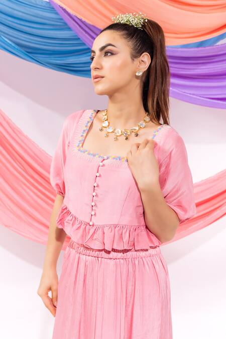 Shop_Leela By A_Pink Muslin, Chiffon, Satin Square Neck Dori Work Top With Skirt 