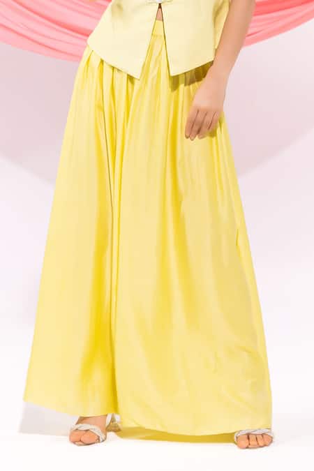 Buy_Leela By A_Lime Muslin, Linen, Satin Embroidery V-neck Waistcoat With Skirt _Online_at_Aza_Fashions