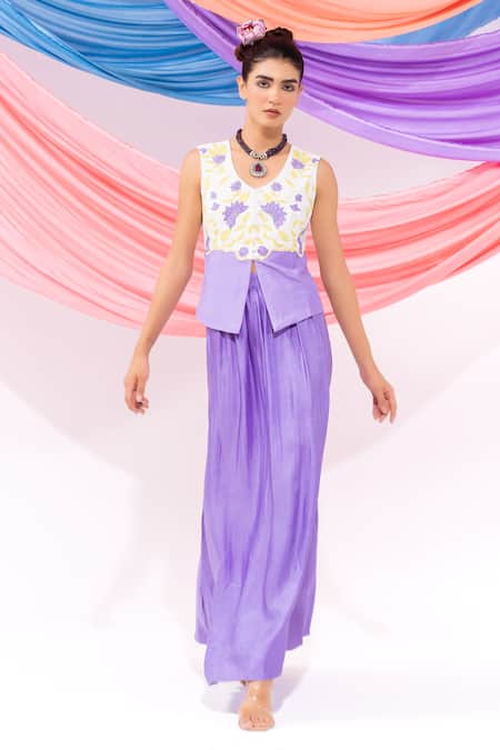 Buy_Leela By A_Purple Muslin Embroidery Round Neck Waistcoat With Skirt _Online_at_Aza_Fashions