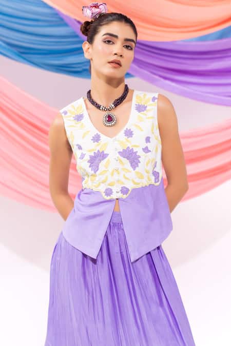 Shop_Leela By A_Purple Muslin Embroidery Round Neck Waistcoat With Skirt _Online_at_Aza_Fashions