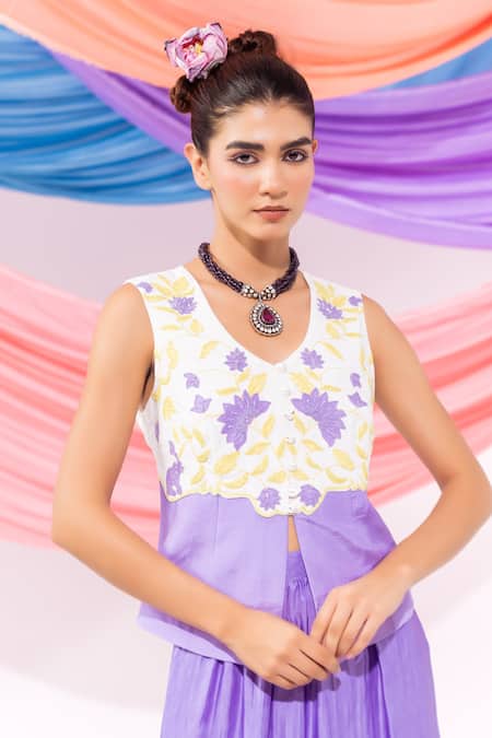 Leela By A_Purple Muslin Embroidery Round Neck Waistcoat With Skirt _at_Aza_Fashions