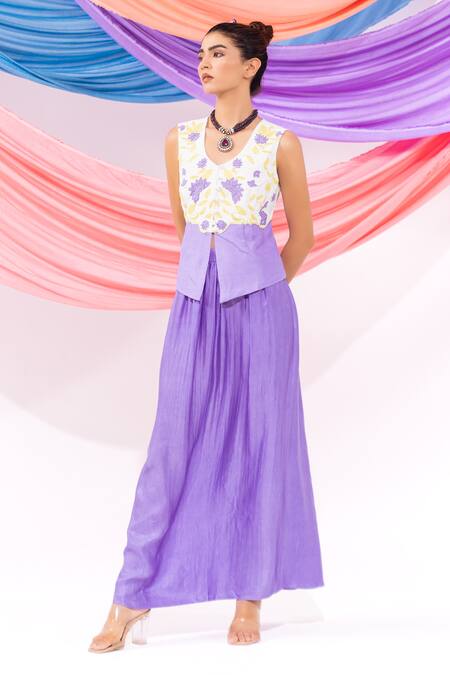 Buy_Leela By A_Purple Muslin Embroidery Round Neck Waistcoat With Skirt 