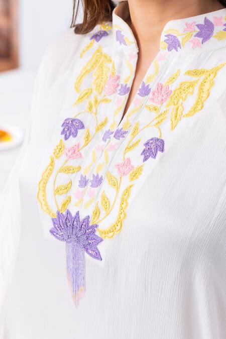 Shop_Leela By A_White Satin Embroidery Mandarin Collar Kaftan And Pant Set _Online_at_Aza_Fashions