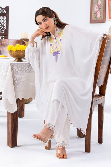 Leela By A_White Satin Embroidery Mandarin Collar Kaftan And Pant Set _at_Aza_Fashions