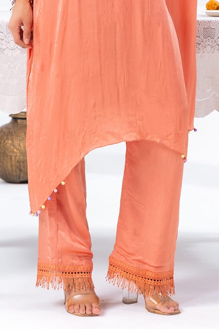 Leela By A_Peach Satin, Chiffon, Muslin Embroidery Split V-neck Kaftan And Pant Set _Online_at_Aza_Fashions