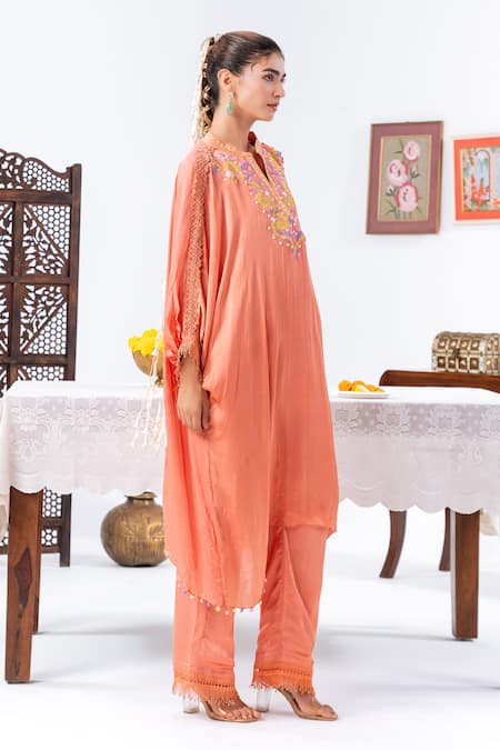 Buy_Leela By A_Peach Satin, Chiffon, Muslin Embroidery Split V-neck Kaftan And Pant Set _Online_at_Aza_Fashions