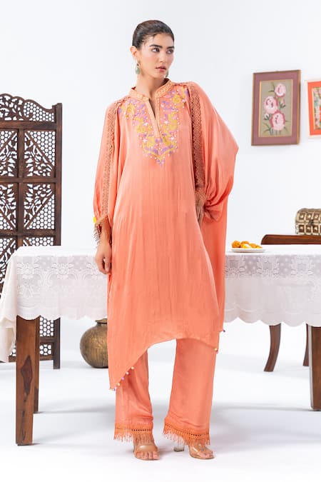 Leela By A Peach Satin, Chiffon, Muslin Embroidery Split V-neck Kaftan And Pant Set 