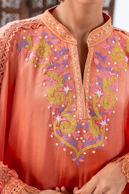 Shop_Leela By A_Peach Satin, Chiffon, Muslin Embroidery Split V-neck Kaftan And Pant Set _Online_at_Aza_Fashions