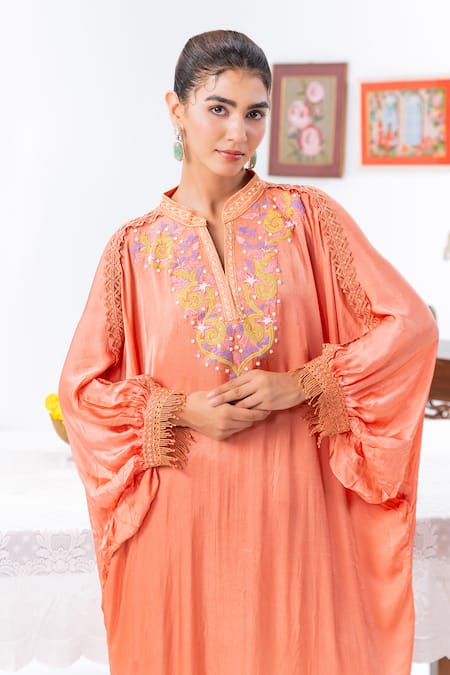 Leela By A_Peach Satin, Chiffon, Muslin Embroidery Split V-neck Kaftan And Pant Set _at_Aza_Fashions