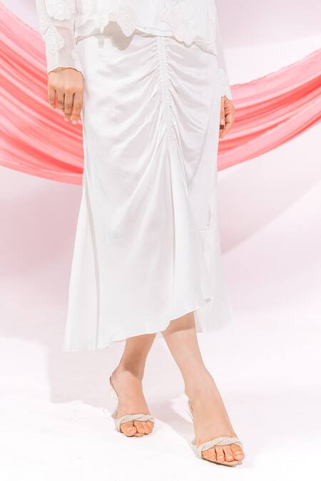 Leela By A_White Modal, Satin Embroidery Round Neck Floral Pattern Coat And Skirt Set _Online_at_Aza_Fashions