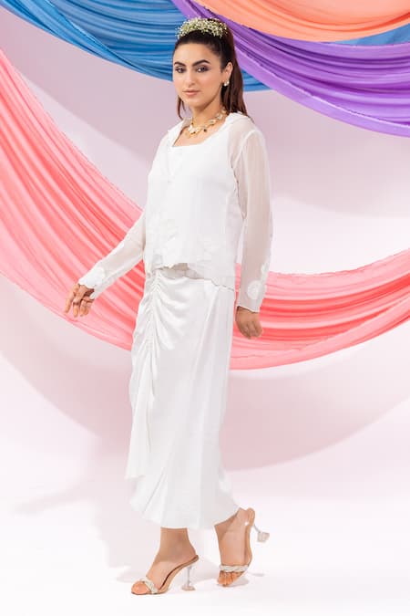 Buy_Leela By A_White Modal, Satin Embroidery Round Neck Floral Pattern Coat And Skirt Set _Online_at_Aza_Fashions