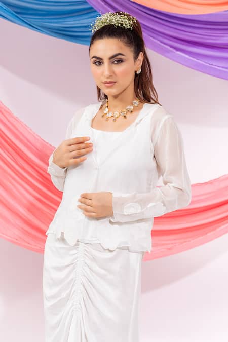 Leela By A_White Modal, Satin Embroidery Round Neck Floral Pattern Coat And Skirt Set _at_Aza_Fashions