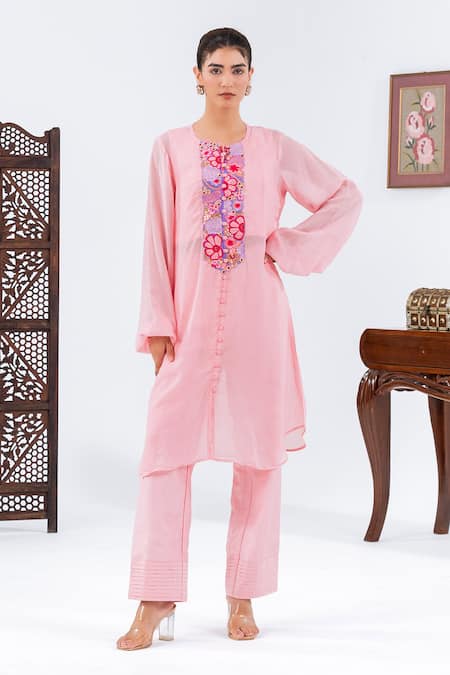 Leela By A Pink Chiffon Embroidery Round Neck Placket Kurta With Pant 
