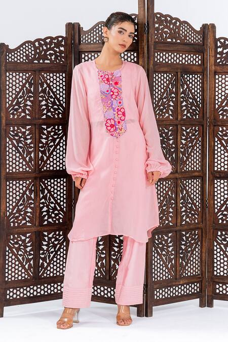 Shop_Leela By A_Pink Chiffon Embroidery Round Neck Placket Kurta With Pant _Online_at_Aza_Fashions