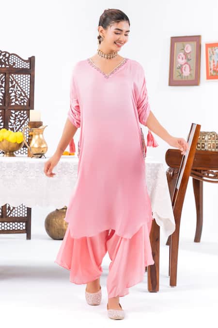 Buy_Leela By A_Pink Satin, Chiffon Tassels, Embroidery Placement Hand Kurta With Harem Pant _Online_at_Aza_Fashions