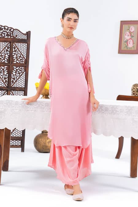 Shop_Leela By A_Pink Satin, Chiffon Tassels, Embroidery Placement Hand Kurta With Harem Pant _Online_at_Aza_Fashions