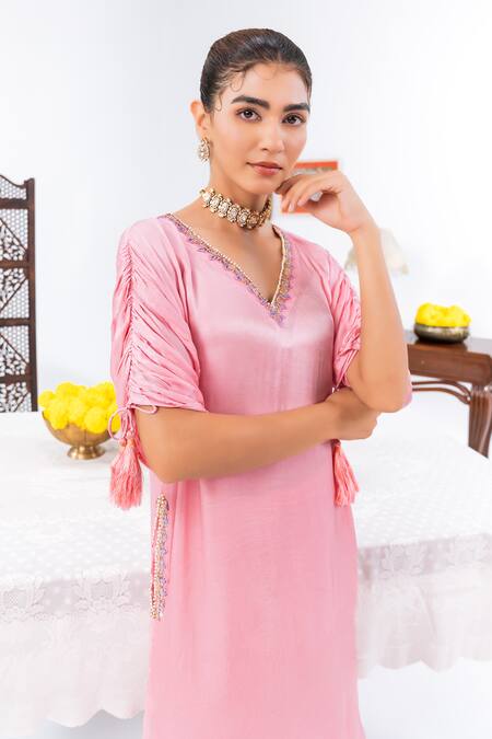 Leela By A_Pink Satin, Chiffon Tassels, Embroidery Placement Hand Kurta With Harem Pant _at_Aza_Fashions