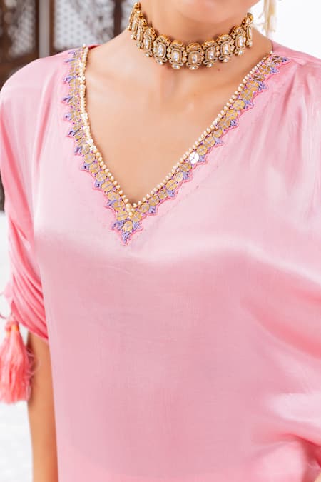 Shop_Leela By A_Pink Satin, Chiffon Tassels, Embroidery Placement Hand Kurta With Harem Pant 