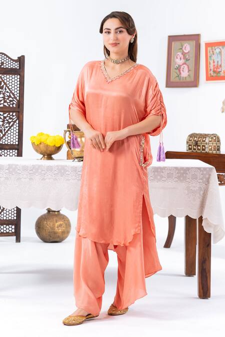 Buy_Leela By A_Peach Satin, Chiffon Tassels, Embroidery Placement Hand Kurta With Harem Pant _Online_at_Aza_Fashions