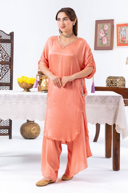 Shop_Leela By A_Peach Satin, Chiffon Tassels, Embroidery Placement Hand Kurta With Harem Pant _Online_at_Aza_Fashions