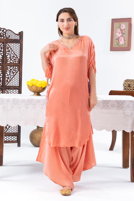 Leela By A Peach Satin, Chiffon Tassels, Embroidery Placement Hand Kurta With Harem Pant 