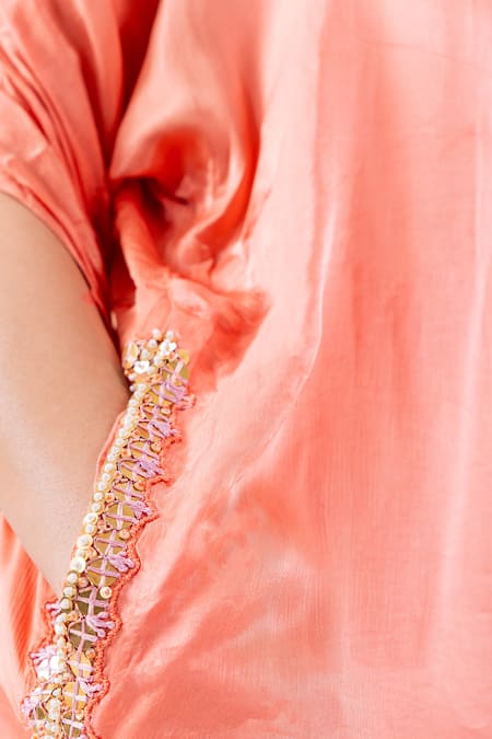 Leela By A_Peach Satin, Chiffon Tassels, Embroidery Placement Hand Kurta With Harem Pant _at_Aza_Fashions