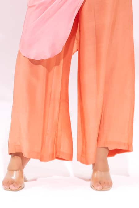 Leela By A_Peach Satin, Chiffon Embroidery Round Neck Ombre Kurta With Pant _Online_at_Aza_Fashions