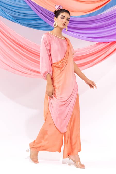 Leela By A_Peach Satin, Chiffon Embroidery Round Neck Ombre Kurta With Pant _at_Aza_Fashions