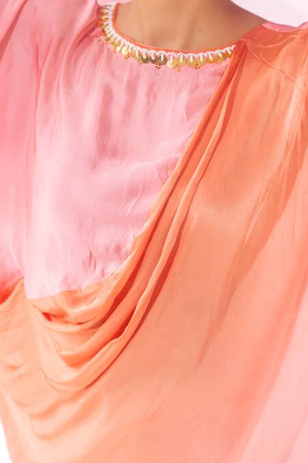 Shop_Leela By A_Peach Satin, Chiffon Embroidery Round Neck Ombre Kurta With Pant 