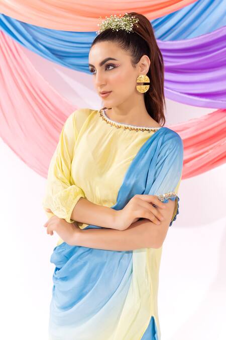 Leela By A_Lime Satin, Chiffon Embroidery Round Neck Ombre Kurta With Pant _Online_at_Aza_Fashions