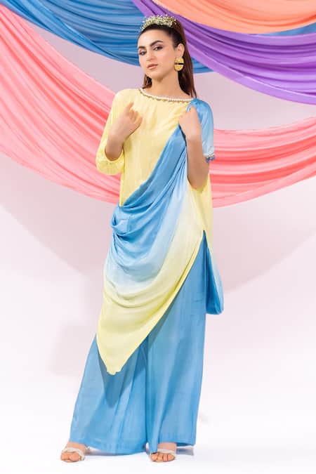 Buy_Leela By A_Lime Satin, Chiffon Embroidery Round Neck Ombre Kurta With Pant _Online_at_Aza_Fashions
