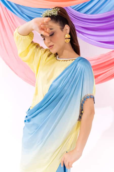 Shop_Leela By A_Lime Satin, Chiffon Embroidery Round Neck Ombre Kurta With Pant _Online_at_Aza_Fashions