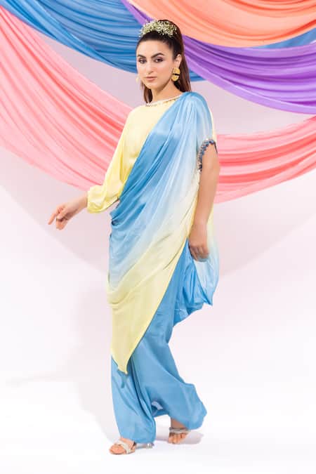 Buy_Leela By A_Lime Satin, Chiffon Embroidery Round Neck Ombre Kurta With Pant 