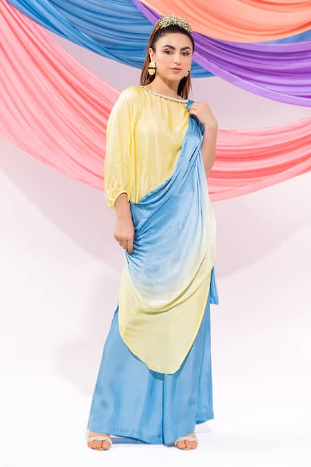 Leela By A Lime Satin, Chiffon Embroidery Round Neck Ombre Kurta With Pant 