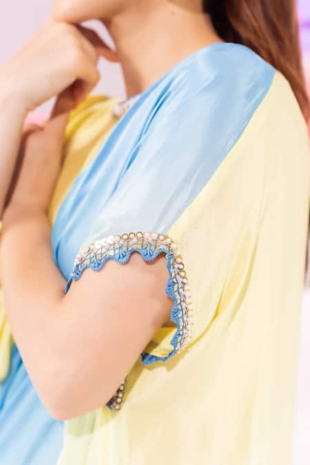 Shop_Leela By A_Lime Satin, Chiffon Embroidery Round Neck Ombre Kurta With Pant 