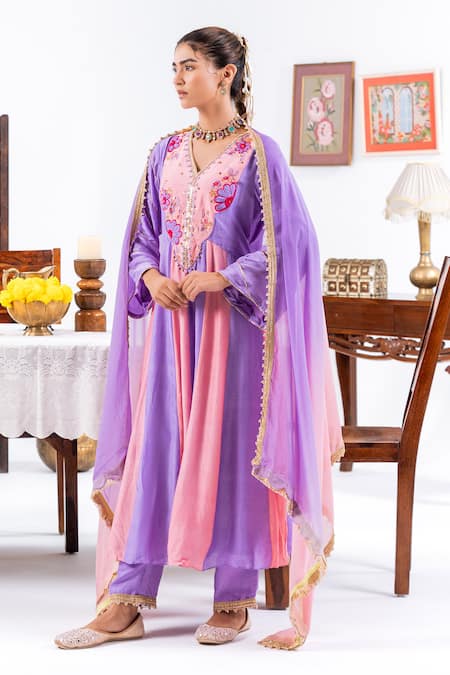 Shop_Leela By A_Pink Muslin Embroidery, Lace V-neck Floral Anarkali Set _Online_at_Aza_Fashions