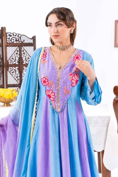 Leela By A_Blue Muslin Embroidery, Lace V-neck Floral Anarkali Set _Online_at_Aza_Fashions