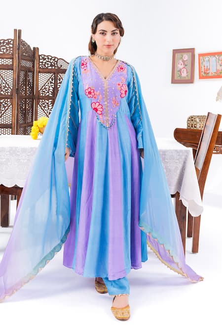 Leela By A_Blue Muslin Embroidery, Lace V-neck Floral Anarkali Set _at_Aza_Fashions