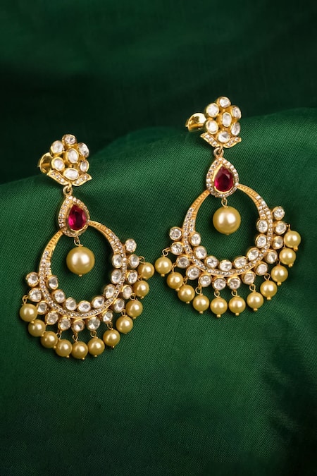 Sica Jewellery Pink Stones, Pearls 925 Silver Moissanite Polki Festive Chandbalis 