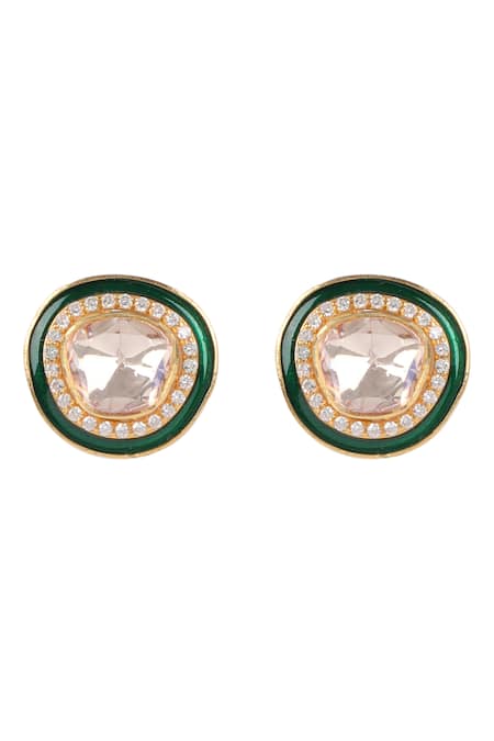 Sica Jewellery 925 Silver Green Meena Moissanite Polki Earrings 