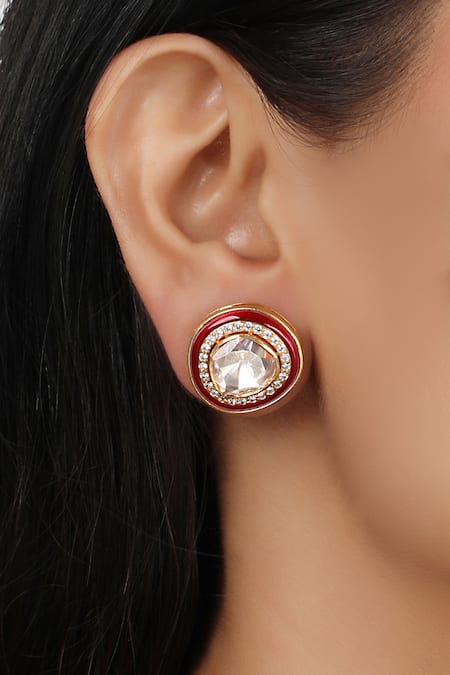 Sica Jewellery Red 925 Silver Meena Moissanite Polki Earrings 