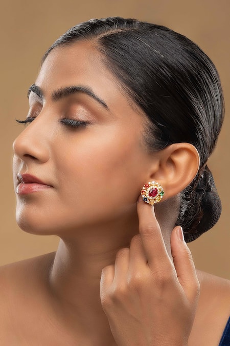 Sica Jewellery Multi Color Diamonds 925 Silver Moissanite Polki Navratna Earrings 