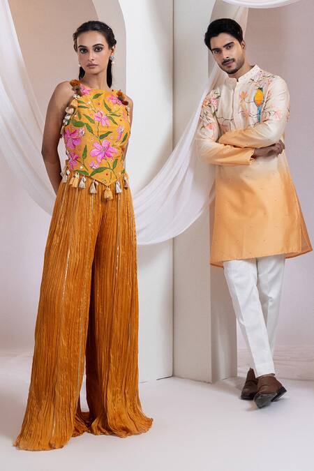Buy Smriti By Anju Agarwal Rust Silk, Chinon Tassels Square Neck Ember Bud Embroidered Corset With Pant Online at Aza Fashions Buy_Smriti By Anju Agarwal_Rust Silk, Chinon Tassels Square Neck Ember Bud Embroidered Corset With Pant _Online_at_Aza_Fashions