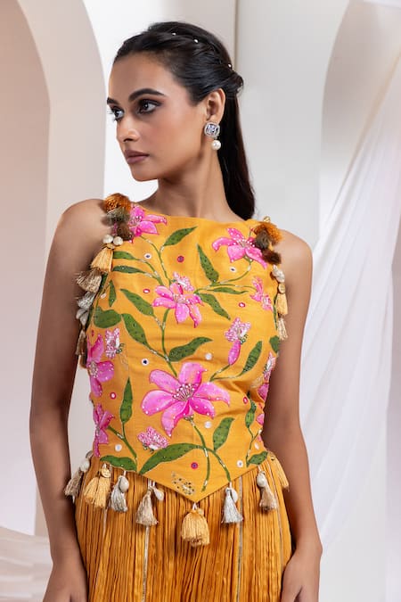 Shop Smriti By Anju Agarwal Rust Silk, Chinon Tassels Square Neck Ember Bud Embroidered Corset With Pant Online at Aza Fashions Shop_Smriti By Anju Agarwal_Rust Silk, Chinon Tassels Square Neck Ember Bud Embroidered Corset With Pant _Online_at_Aza_Fashions