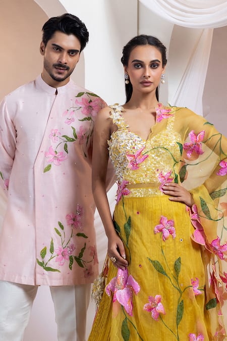 Buy Smriti By Anju Agarwal Yellow Silk, Chinon Sequins, Embroidery, Sunlit Grove Lehenga And Bralette Set Online at Aza Fashions Buy_Smriti By Anju Agarwal_Yellow Silk, Chinon Sequins, Embroidery, Sunlit Grove Lehenga And Bralette Set _Online_at_Aza_Fashions