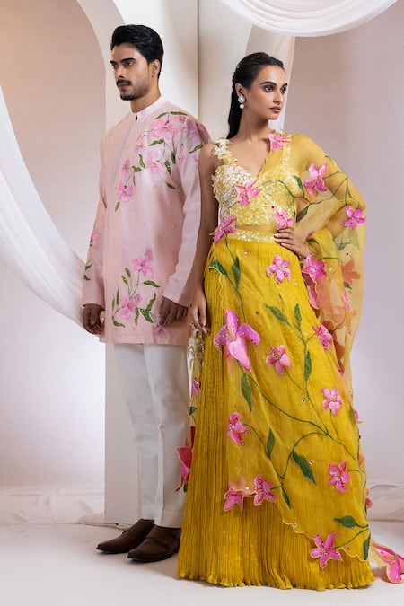 Smriti By Anju Agarwal Yellow Silk, Chinon Sequins, Embroidery, Sunlit Grove Lehenga And Bralette Set at Aza Fashions Smriti By Anju Agarwal_Yellow Silk, Chinon Sequins, Embroidery, Sunlit Grove Lehenga And Bralette Set _at_Aza_Fashions