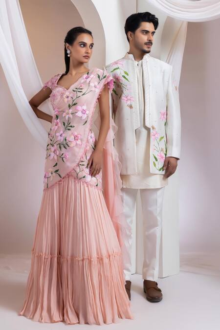 Shop Smriti By Anju Agarwal Pink Silk, Chinon Embroidery, Beads, Flora Sway Pre-draped Saree With Blouse Online at Aza Fashions Shop_Smriti By Anju Agarwal_Pink Silk, Chinon Embroidery, Beads, Flora Sway Pre-draped Saree With Blouse _Online_at_Aza_Fashions