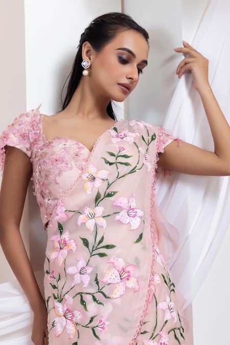 Smriti By Anju Agarwal Pink Silk, Chinon Embroidery, Beads, Flora Sway Pre-draped Saree With Blouse at Aza Fashions Smriti By Anju Agarwal_Pink Silk, Chinon Embroidery, Beads, Flora Sway Pre-draped Saree With Blouse _at_Aza_Fashions