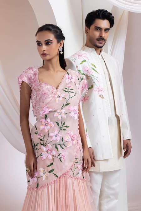 Buy Smriti By Anju Agarwal Pink Silk, Chinon Embroidery, Beads, Flora Sway Pre-draped Saree With Blouse Buy_Smriti By Anju Agarwal_Pink Silk, Chinon Embroidery, Beads, Flora Sway Pre-draped Saree With Blouse