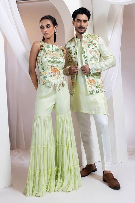 Buy Smriti By Anju Agarwal Lime Satin, Chinon Tassels Round Neck Forest Fable Corset With Flared Pant Online at Aza Fashions Buy_Smriti By Anju Agarwal_Lime Satin, Chinon Tassels Round Neck Forest Fable Corset With Flared Pant _Online_at_Aza_Fashions